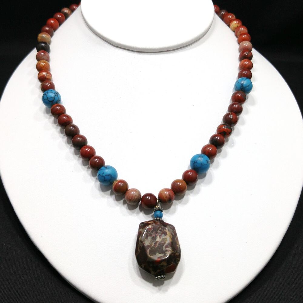 Gemstone Pendant Beaded Necklace, Red Jasper, 1980s Vintage Jewelry